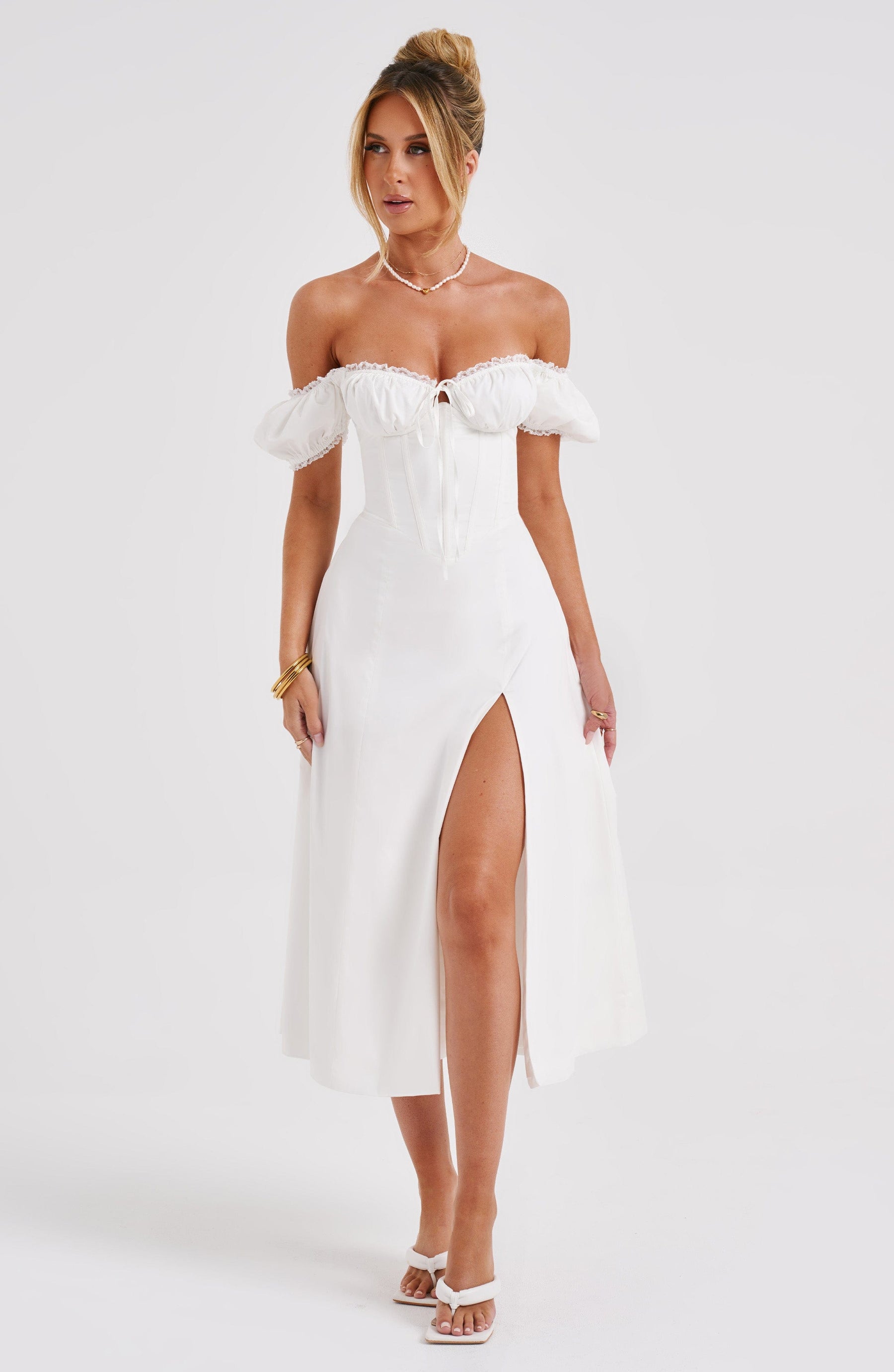 Vestido Midi Modelador Bustier Mavie com Mangas Branco