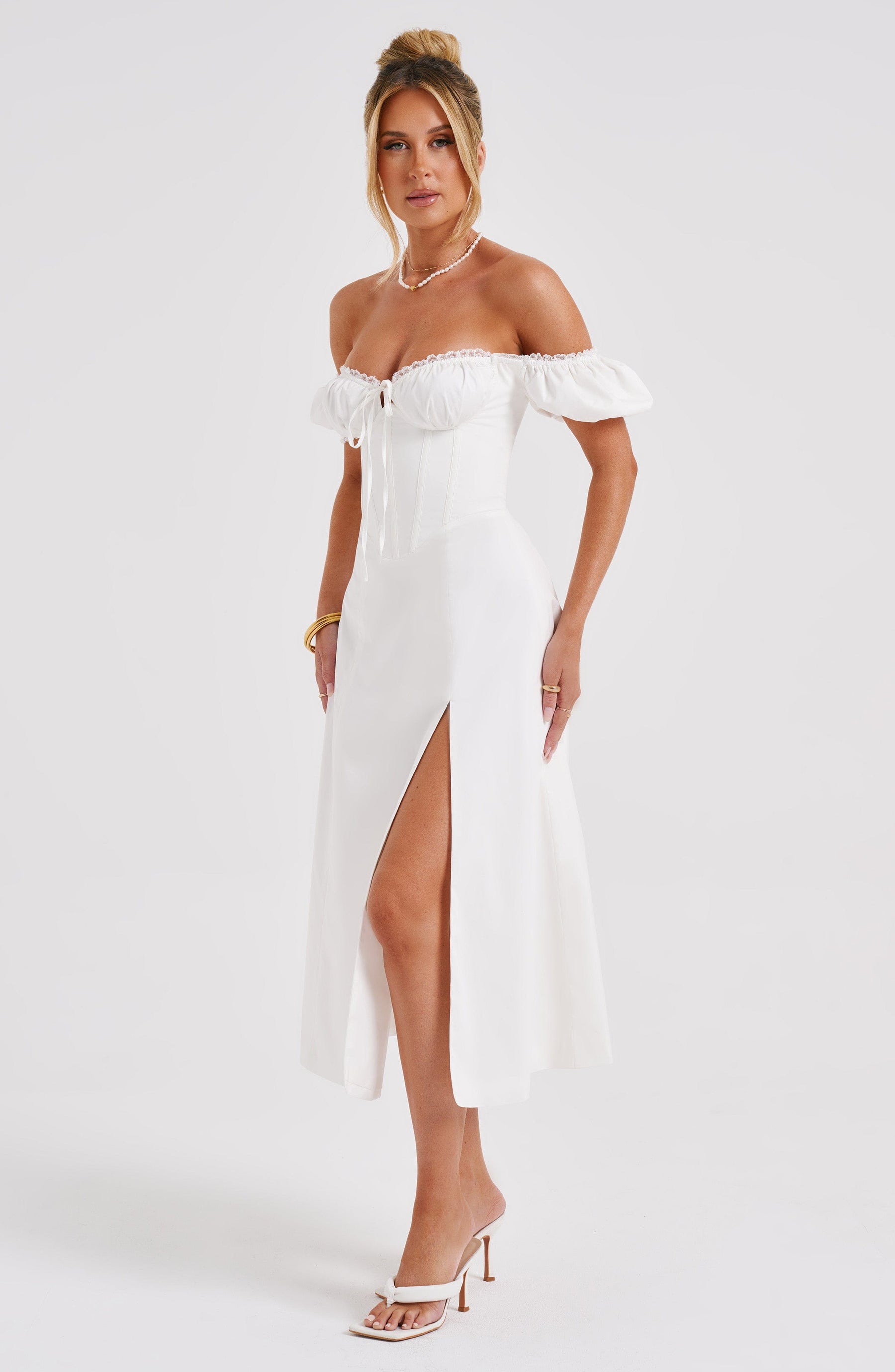 Vestido Midi Modelador Bustier Mavie com Mangas Branco