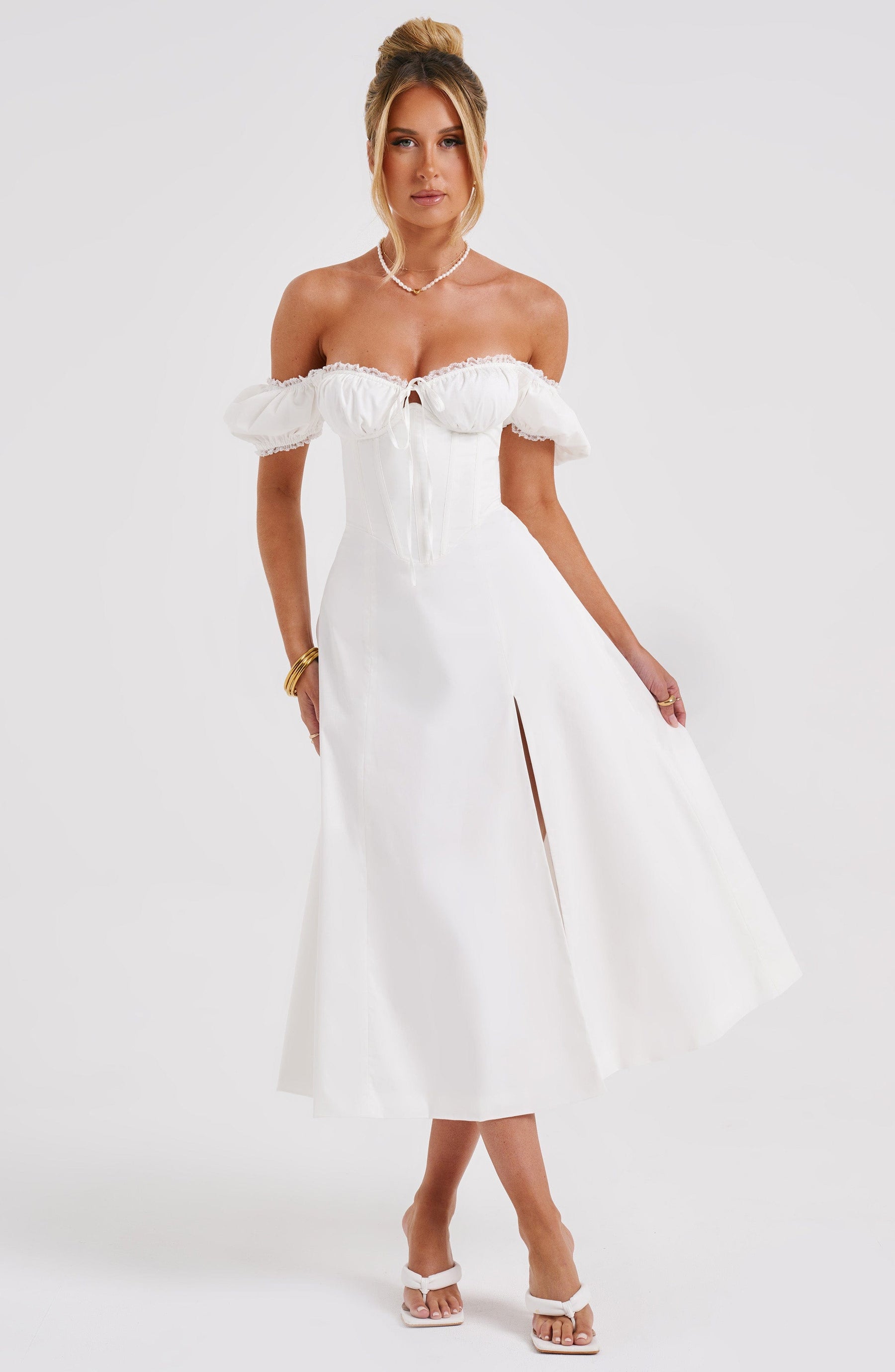 Vestido Midi Modelador Bustier Mavie com Mangas Branco