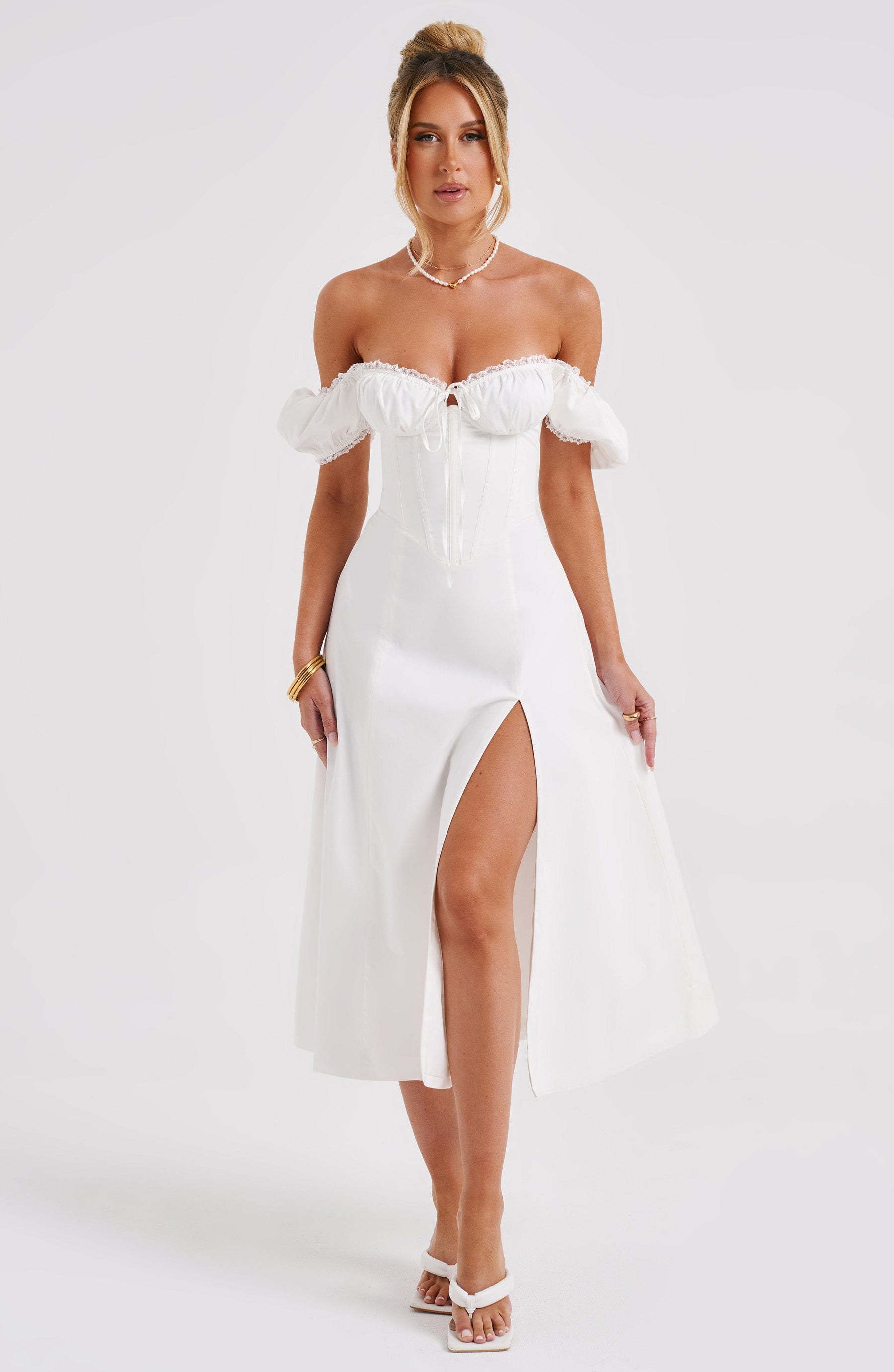 Vestido Midi Modelador Bustier Mavie com Mangas Branco