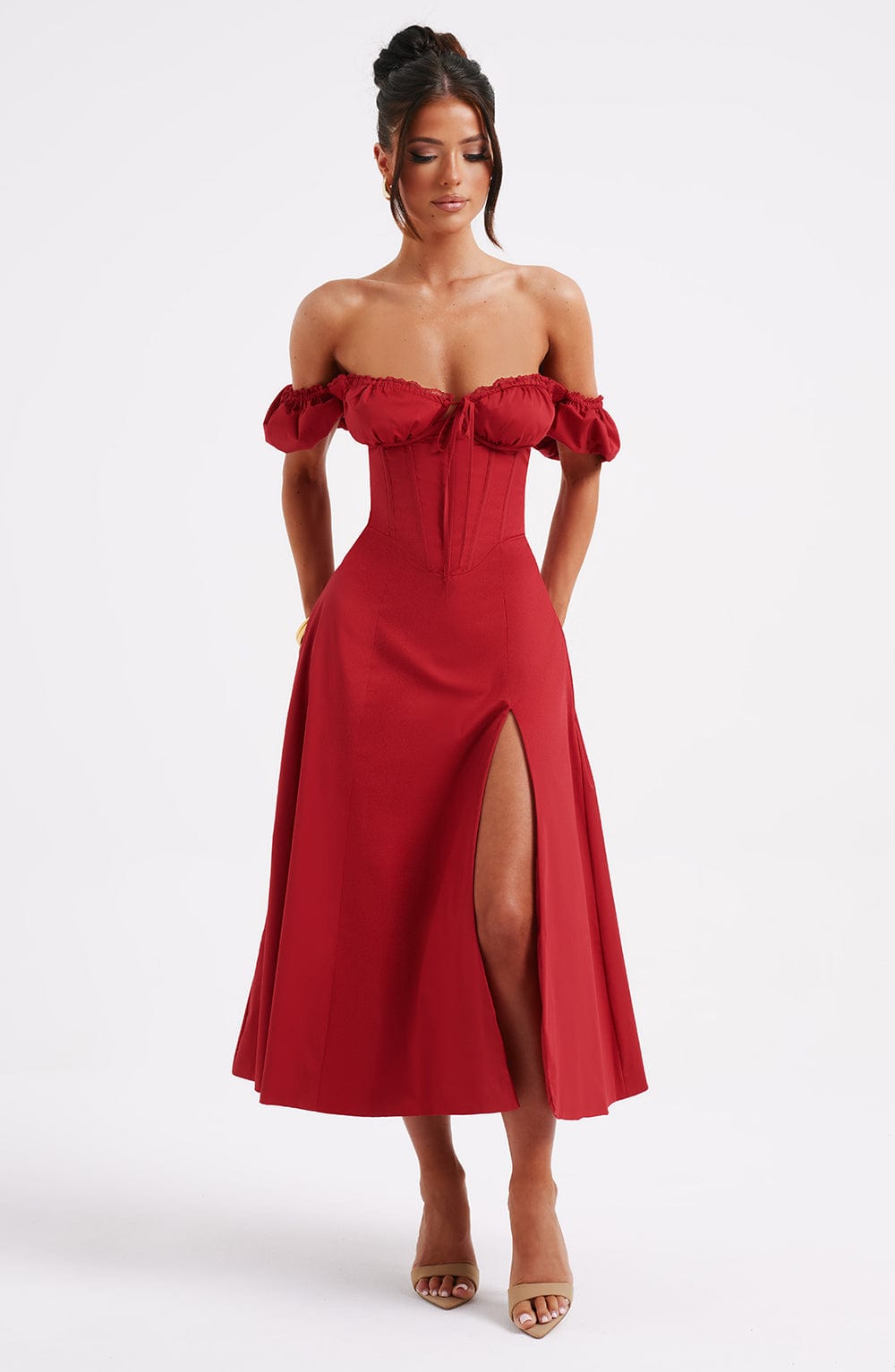 Vestido Midi Modelador Bustier Mavie com Mangas Vermelho