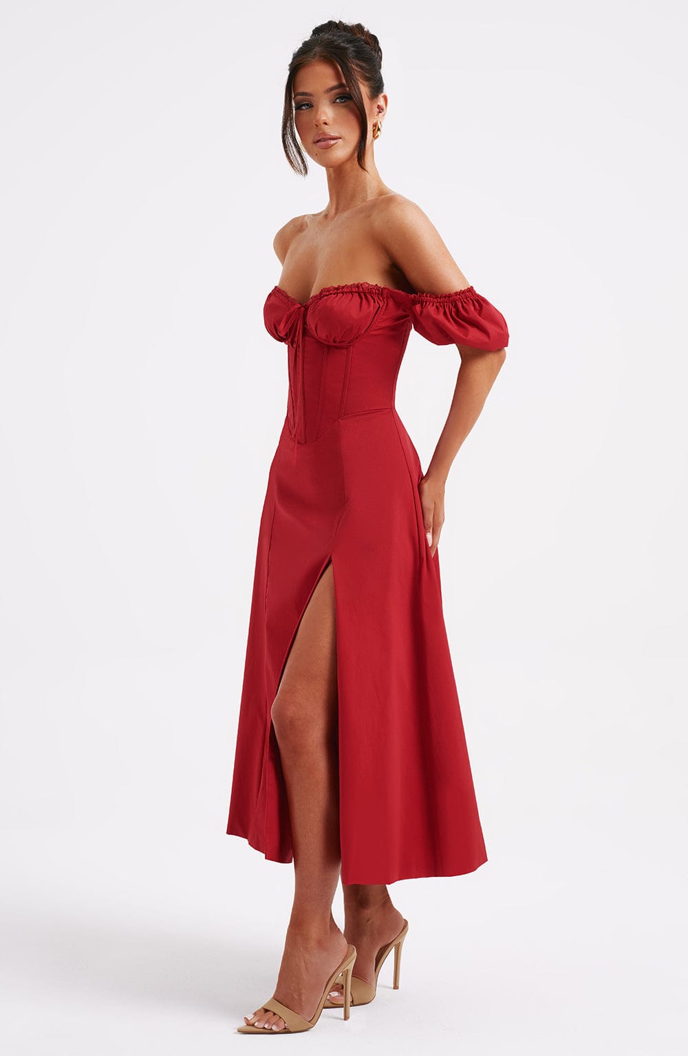 Vestido Midi Modelador Bustier Mavie com Mangas Vermelho