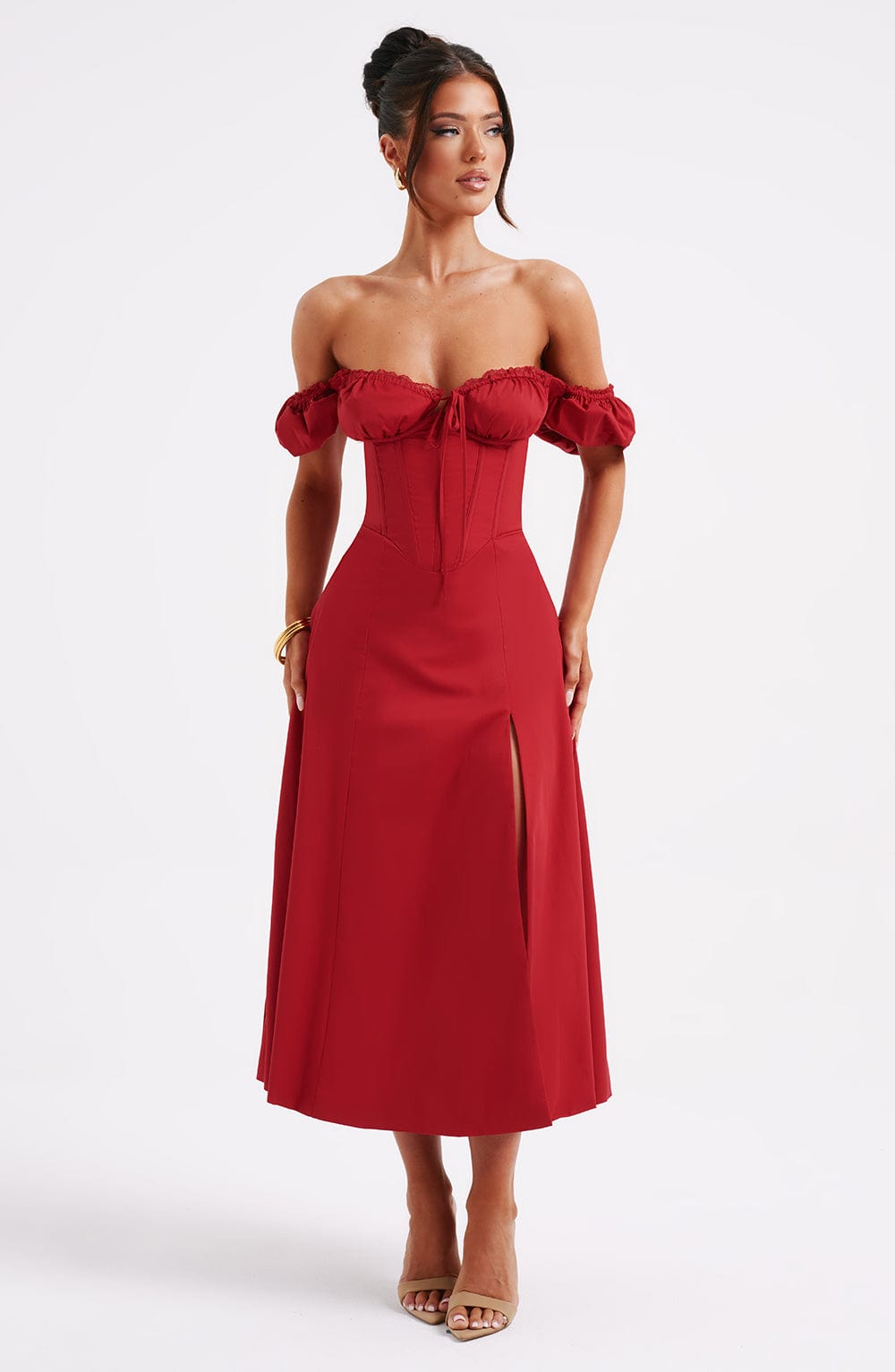 Vestido Midi Modelador Bustier Mavie com Mangas Vermelho