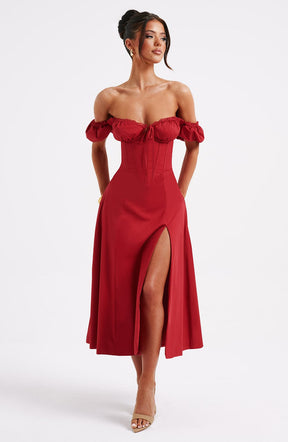 Vestido Midi Modelador Bustier Mavie com Mangas Vermelho