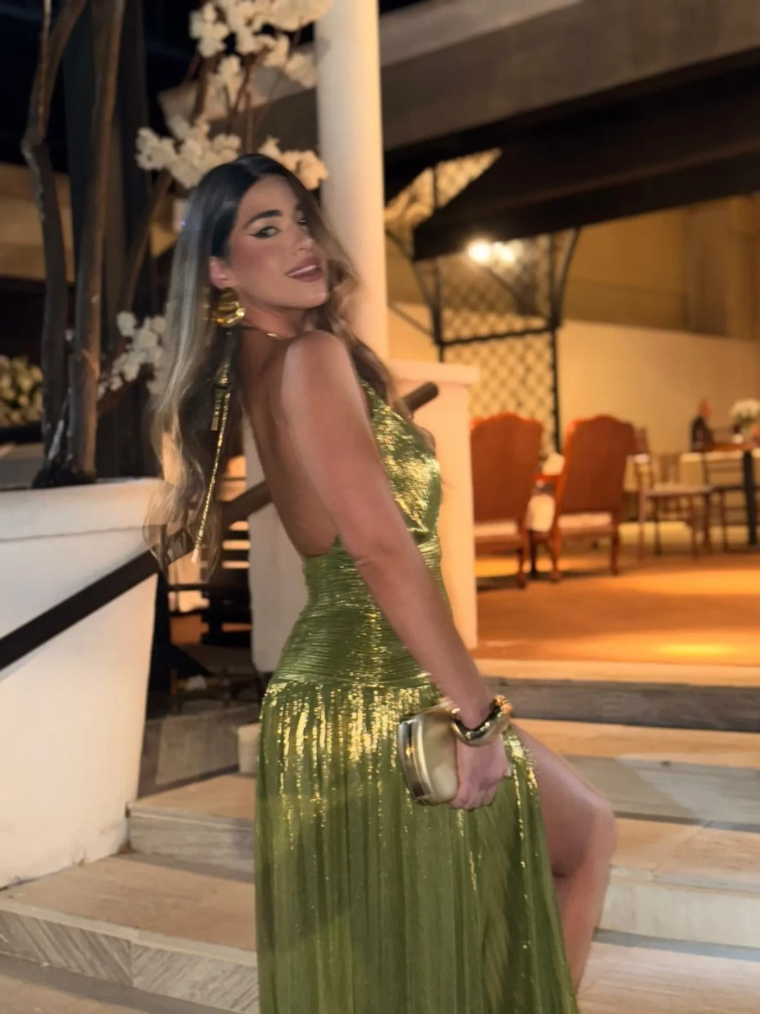 Vestido Longo Metalizado com Fenda Modern Lorry