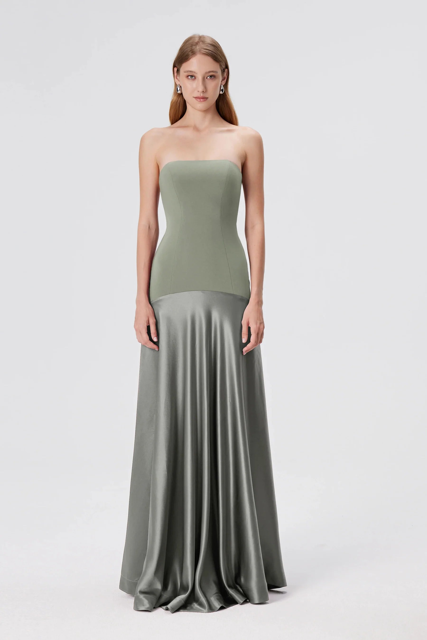 Vestido Longo Sem Alças Saia em Cetim Modern Elysia