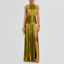 Vestido Longo Metalizado com Fenda Modern Lorry