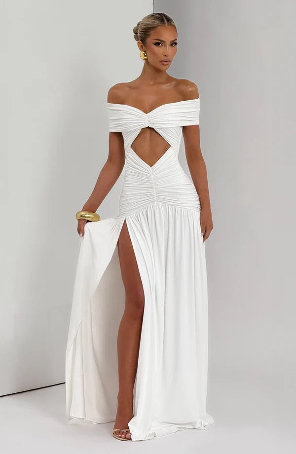 Vestido Longo Ombro a Ombro com Fenda Modern Susan