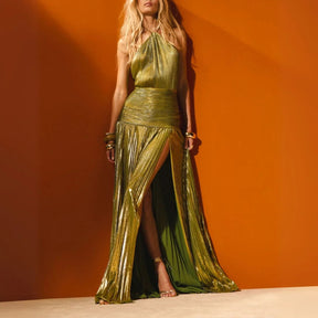 Vestido Longo Metalizado com Fenda Modern Lorry