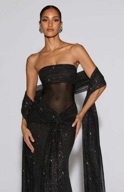 Vestido Longo de Brilho com Tule Modern Agnes