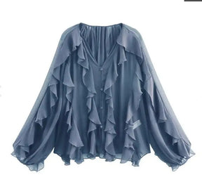 Blusa Manga Longa Chiffon Babados Modern Royal Chic
