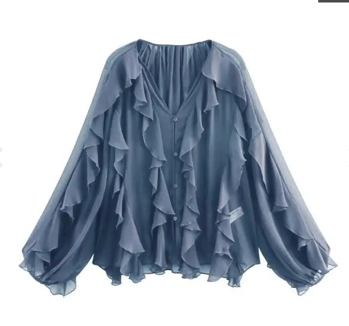 Blusa Manga Longa Chiffon Babados Modern Royal Chic