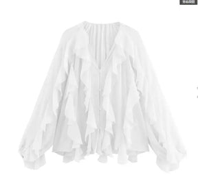 Blusa Manga Longa Chiffon Babados Modern Royal Chic