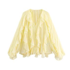 Blusa Manga Longa Chiffon Babados Modern Royal Chic
