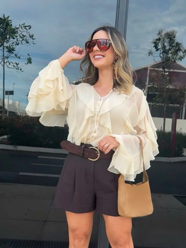 Blusa Manga Longa Chiffon Babados Modern Royal Chic