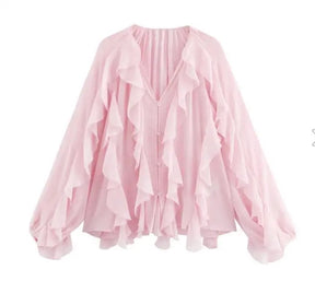 Blusa Manga Longa Chiffon Babados Modern Royal Chic