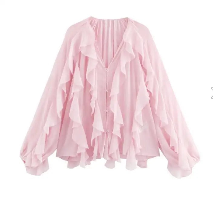 Blusa Manga Longa Chiffon Babados Modern Royal Chic