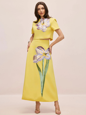 Conjunto Floral Cropped e Saia Midi Modern Iza