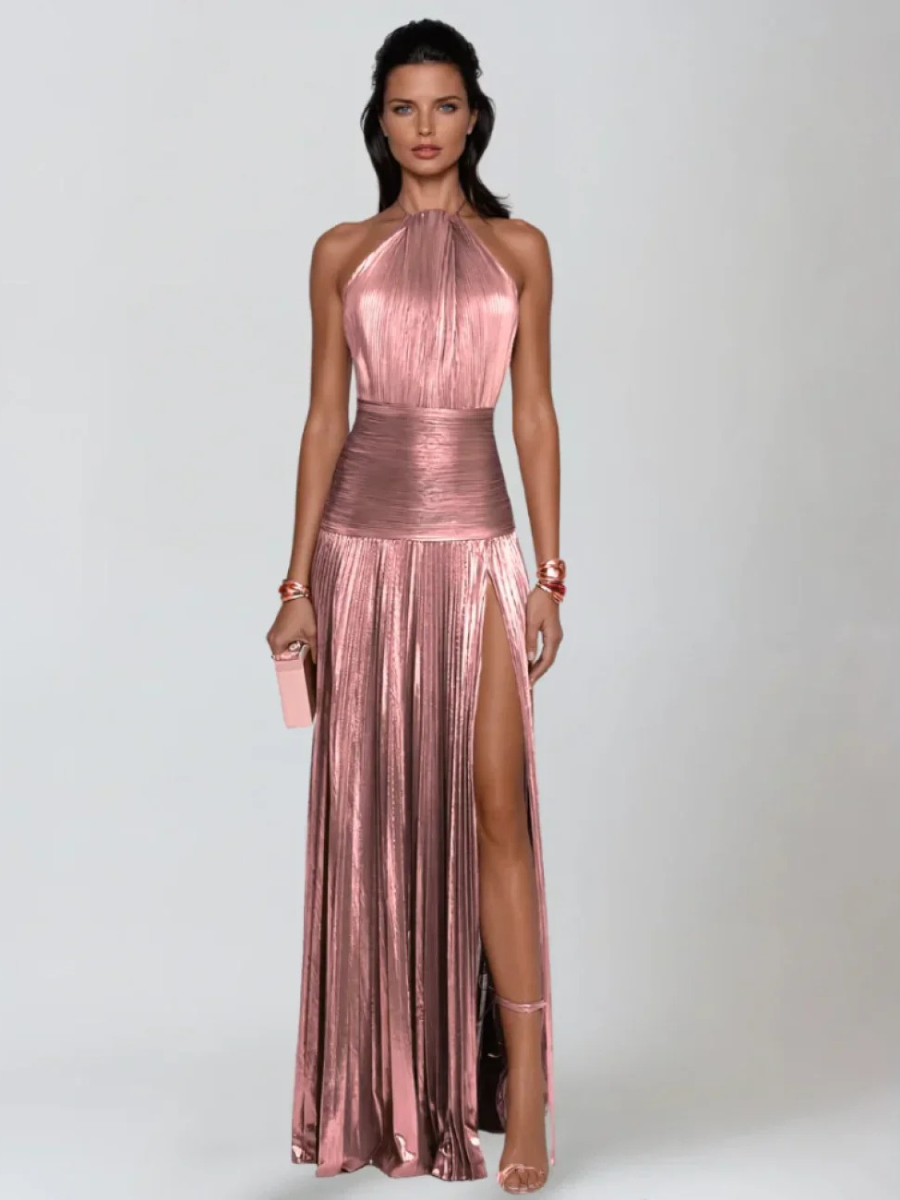 Vestido Longo Metalizado com Fenda Modern Lorry